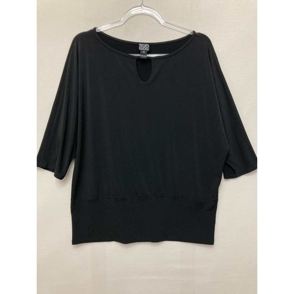 Clara Sun Woo Dolman Top XL Black Keyhole 3/4 Sleeve Stretch Knit Minimalist